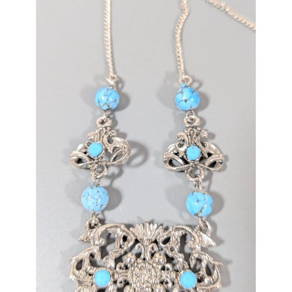 Vintage Turquoise Blue Peking Glass Bead Etruscan Statement Necklace Silver Tone - Picture 5 of 8